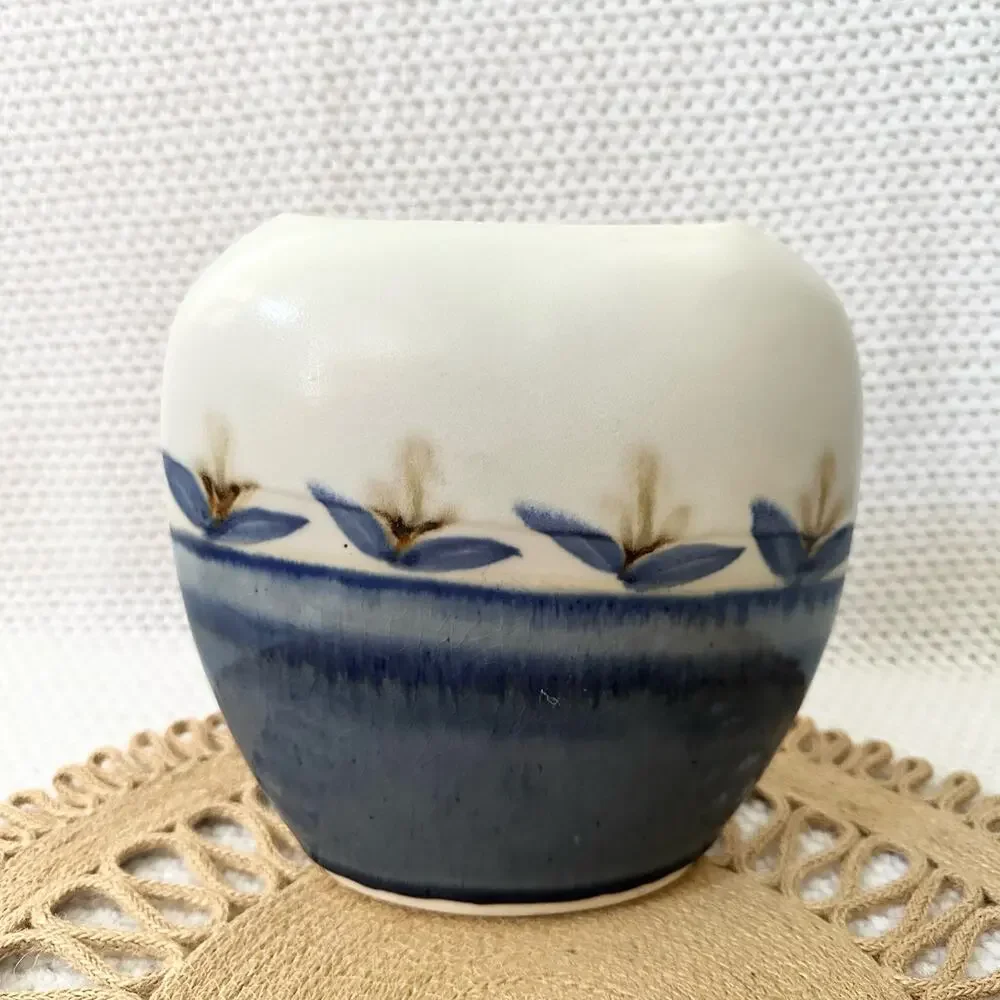 Signed Burslem 2006 Blue Cream Ceramic Glazed Slim Oval Floral Pottery Vase